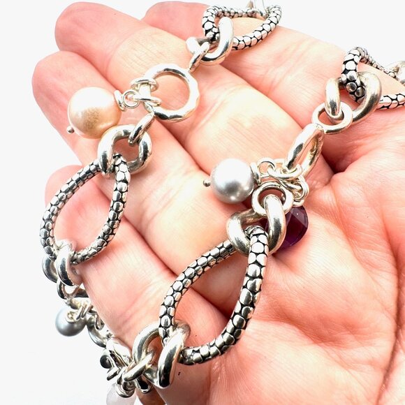 Michael Dawkins Sterling Silver Amethyst Pearl Necklace 17 Inch 70 Grams - Picture 4 of 4